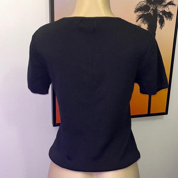 LAST CHANCE! Embellished Neckline Black V Neck Knit Top Size L - Picture 4 of 5